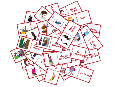 Juego de dominó con ejemplos de rutinas diarias para practicar inglés